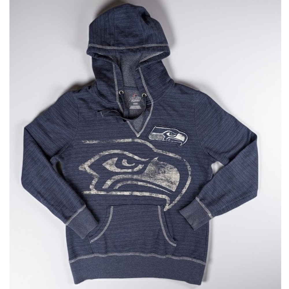 Majestic Seattle Seahawks Hoodie Women's Medium Blue V-Neck Pullover Sweatshirt